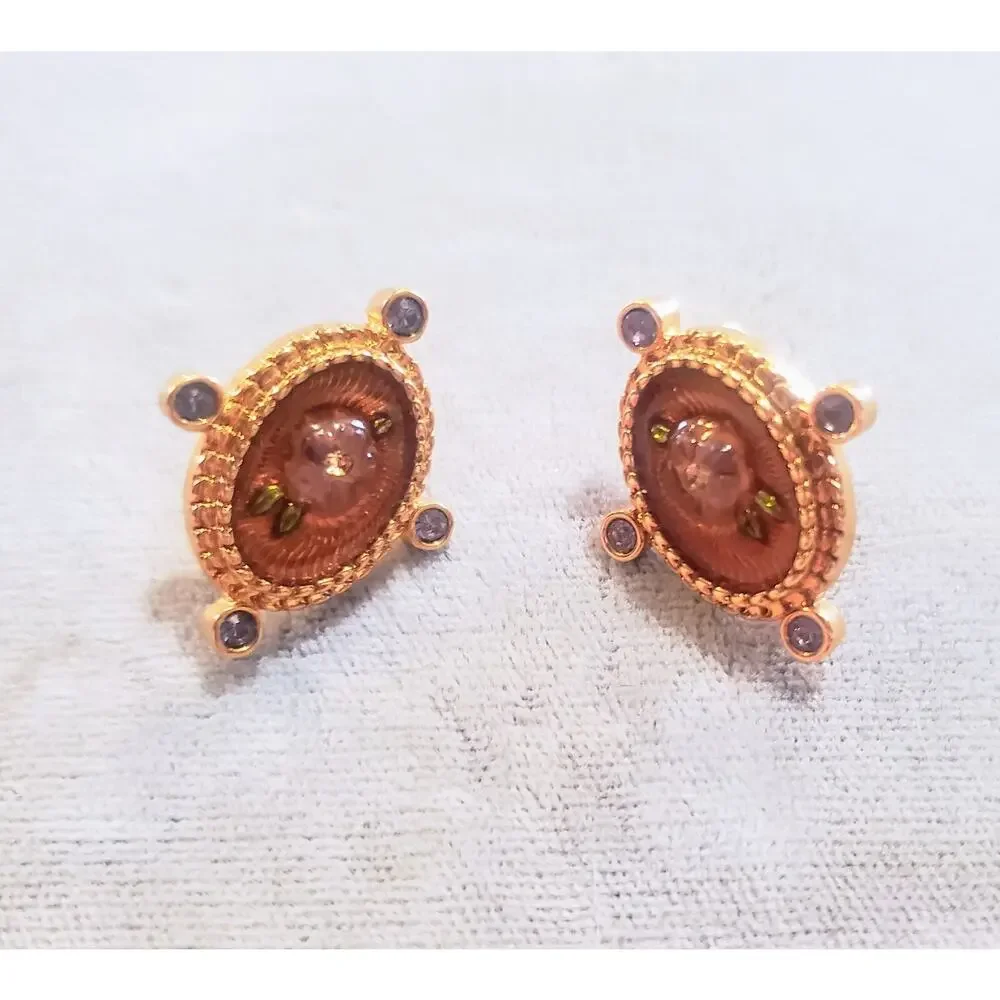 Avon Vintage Clip On Earrings Elegant Estate Gold Tone Colorful Dainty Floral 1